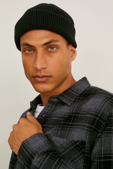 Uomo - Camicia di flanella - regular fit - collo all'italiana - quadretti - grigio scuro