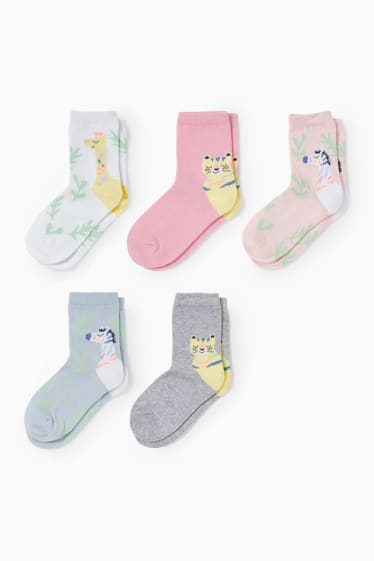 Children Girls - Multipack of 5 - safari - socks with motif - white