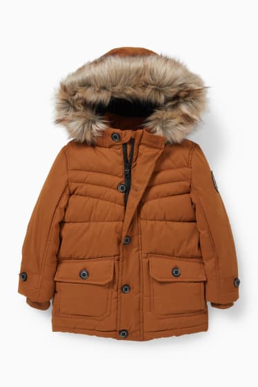 Kinder Buben - Steppjacke mit Kapuze und Kunstfellbesatz - havanna