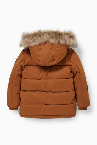 Children - Quilted jacket with hood and faux fur trim  - havanna