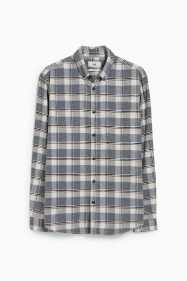 Pánské - Flanelová košile - regular fit - button-down - kostkovaná - bílá/šedá