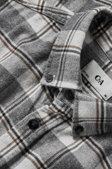 Heren - Flanellen overhemd - regular fit - button down - geruit - wit / grijs