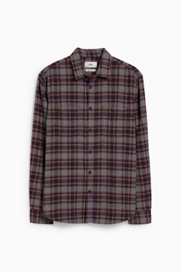 Heren - Flanellen overhemd - regular fit - kent - geruit - grijs / donkerrood