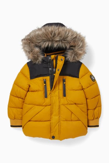 Children - Quilted jacket with hood and faux fur trim - yellow