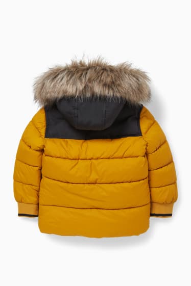 Children - Quilted jacket with hood and faux fur trim - yellow