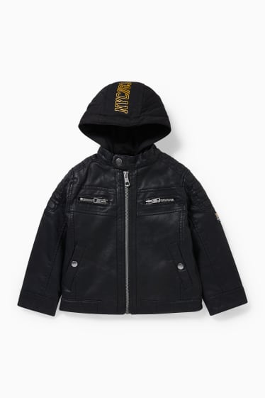 Dětské - Motorkářská bunda s kapucí - imitace kůže - černá