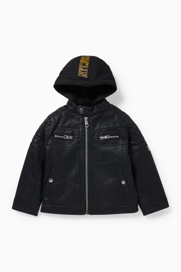 Children - Biker jacket with hood - faux leather - black