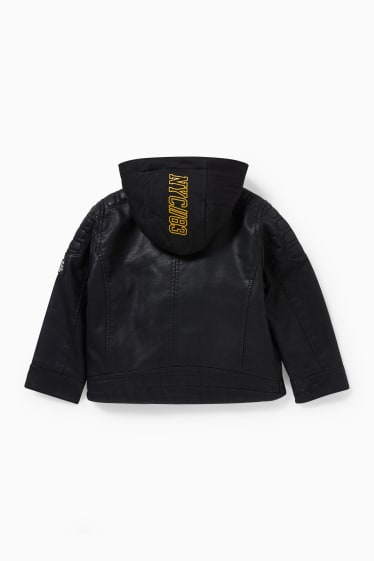 Children - Biker jacket with hood - faux leather - black