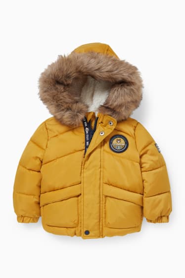 Babies - Baby quilted jacket with hood and faux fur trim  - yellow