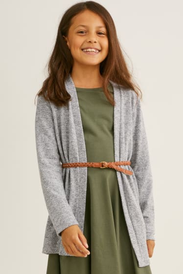 Enfants - Gilet en maille avec ceinture - gris chiné