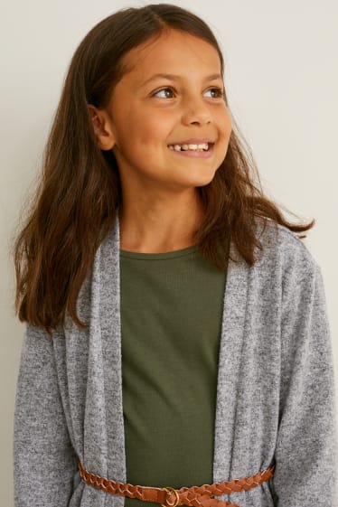 Enfants - Gilet en maille avec ceinture - gris chiné