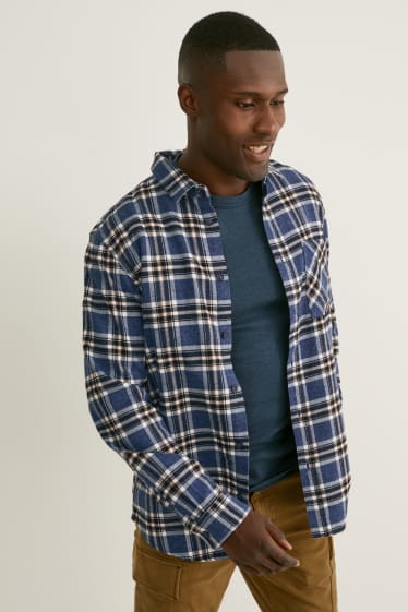 Hombre - Camisa de franela - regular fit - kent - de cuadros - azul oscuro / blanco