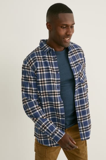 Men - Flannel shirt - regular fit - Kent collar - check - dark blue / white