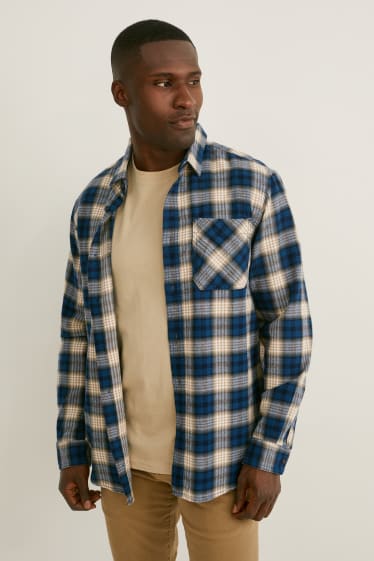 Men - Flannel shirt - regular fit - kent collar - check - blue / beige