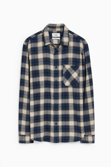 Men - Flannel shirt - regular fit - kent collar - check - blue / beige