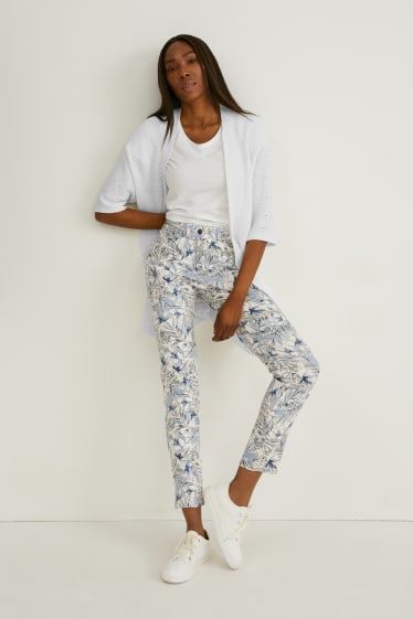 Donna - Pantaloni - vita media - slim fit - a fiori - bianco / grigio