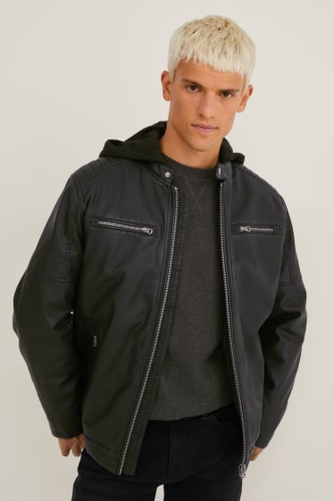 Hombre - Cazadora biker con capucha - polipiel - negro