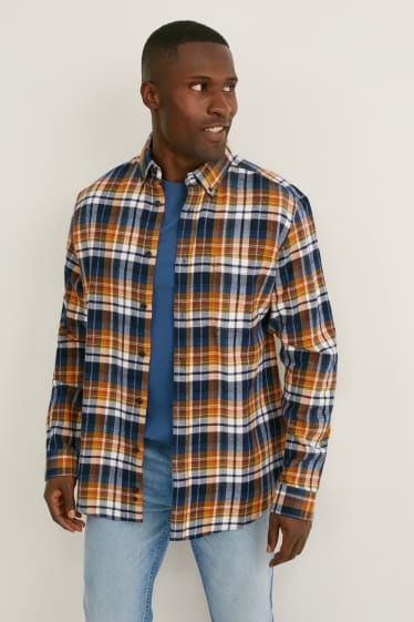 Pánské - Flanelová košile - regular fit - button-down - kostkovaná - oranžová/tmavomodrá