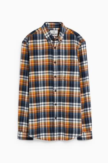 Herren - Flanellhemd - Regular Fit - Button-down - kariert - orange / dunkelblau