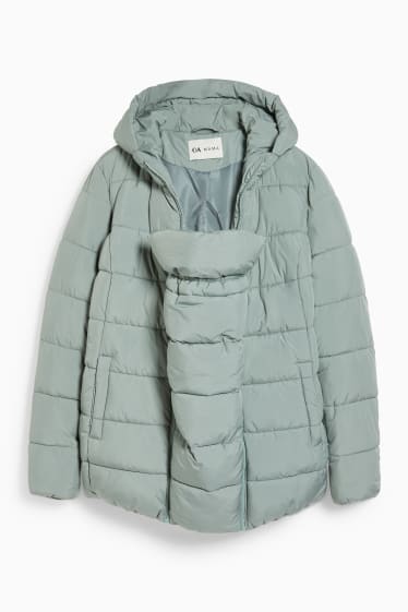 Women - Maternity quilted jacket with hood and baby pouch - mint green