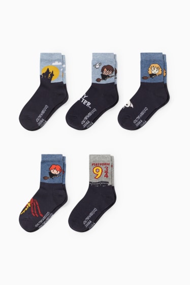 Dětské - Multipack 5 ks - Harry Potter - ponožky s motivem - tmavomodrá