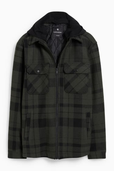Men - CLOCKHOUSE - shirt jacket with hood - check - dark green / black