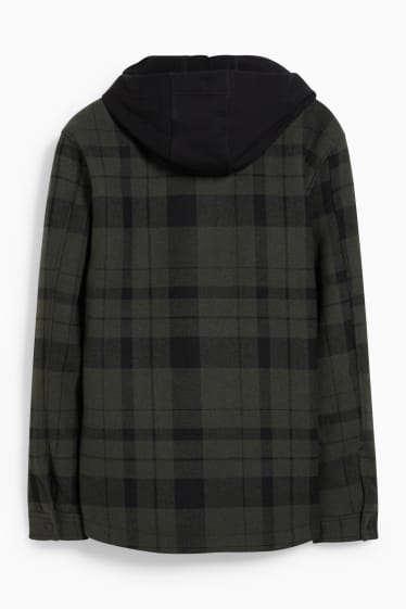 Pánské - CLOCKHOUSE - košilová bunda s kapucí - kostkovaná - tmavozelená/černá