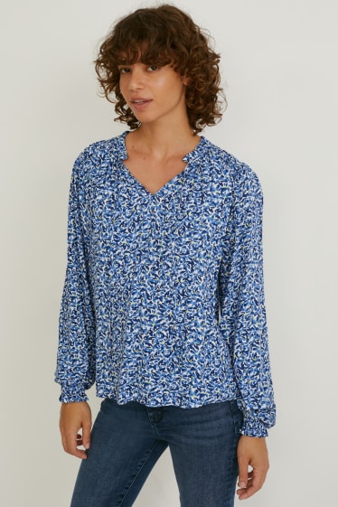 Femei - Bluză - cu flori - albastru închis / alb