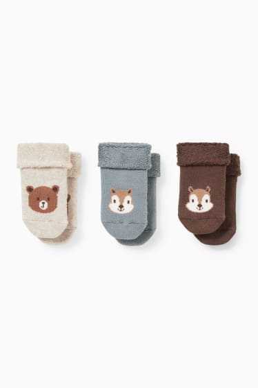 Miminka - Multipack 3 ks - lesní zvířátka - ponožky s motivem pro novorozence - béžová-žíhaná
