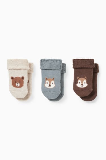 Babys - Set van 3 paar - bosdieren – newbornsokken met motief - winter - beige-mix