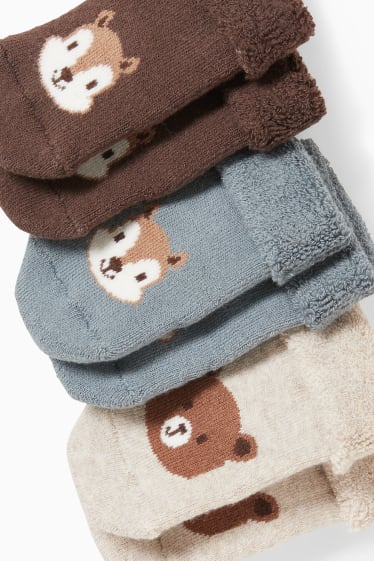 Babys - Set van 3 paar - bosdieren – newbornsokken met motief - winter - beige-mix