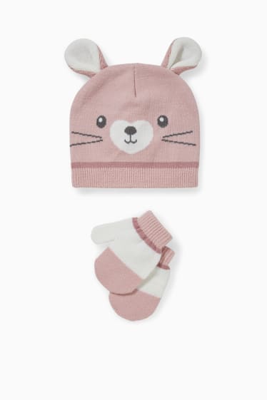 Bébés - Ensemble - bonnet pour bébé et moufles pour bébé - 2 pièces - rose