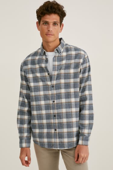 Hommes - Chemise en flanelle - coupe droite - col button down - à carreaux - blanc / gris