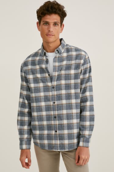 Pánské - Flanelová košile - regular fit - button-down - kostkovaná - bílá/šedá