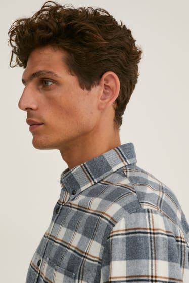 Hommes - Chemise en flanelle - coupe droite - col button down - à carreaux - blanc / gris
