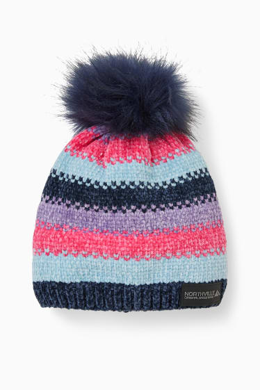 Kinderen - Gebreide chenille muts - gestreept - donkerblauw