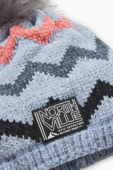 Kinder Mädchen - Chenille-Strick-Mütze - gestreift - hellblau