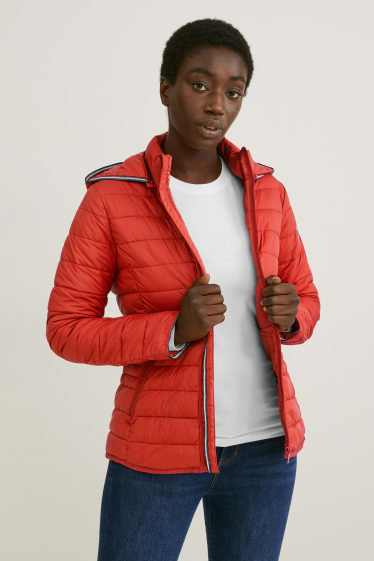 Women - Quilted jacket with hood - red