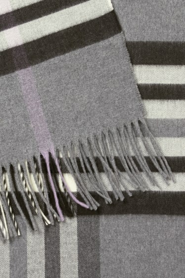 Mujer - Bufanda con flecos - de cuadros - gris / negro