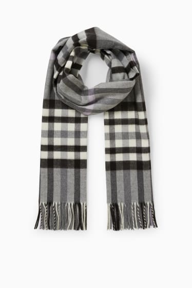 Dames - Sjaal met franjes - geruit - grijs / zwart