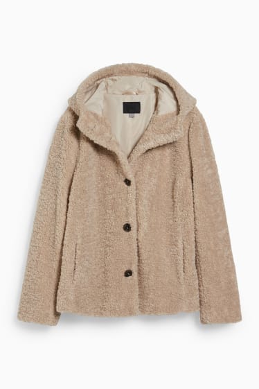 Femmes - Veste en peluche à capuche - beige