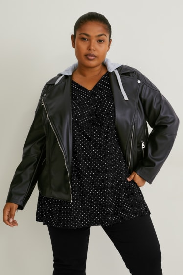 Damen - Bikerjacke mit Kapuze - Lederimitat - schwarz