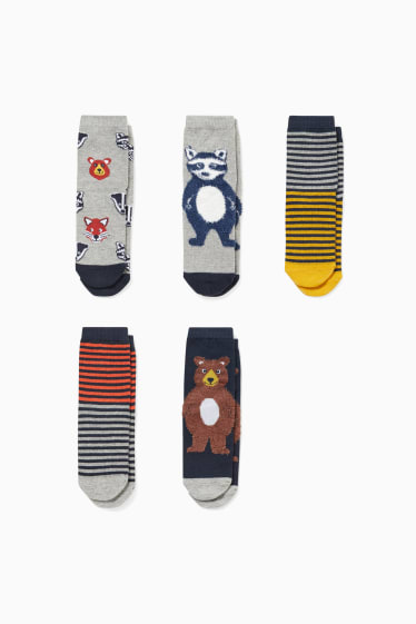 Kinder Buben - Multipack 5er - Waldtiere - Socken mit Motiv - grau-melange