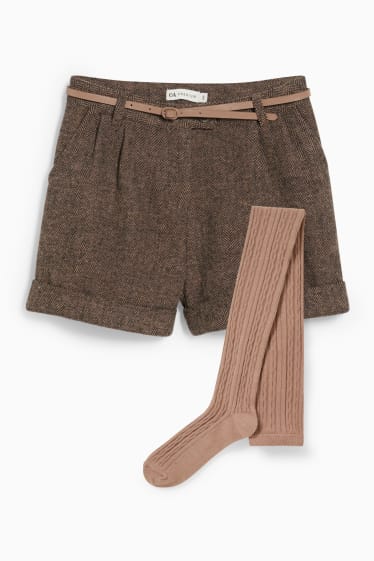 Kinder - Set - Shorts mit Gürtel und Strumpfhose - 3 teilig - dunkelbraun