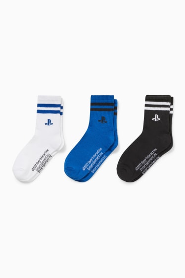 Enfants - Lot de 3 paires - PlayStation - chaussettes à motif - bleu foncé / blanc