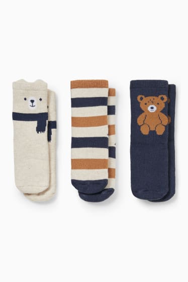 Babies - Multipack of 3 - bear - baby non-slip socks with motif - dark blue