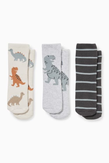 Bébés - Lot de 3 paires - dinosaures - chaussettes antidérapantes à motif pour bébé - gris clair chiné