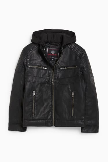 Children - Biker jacket with hood - faux leather - black
