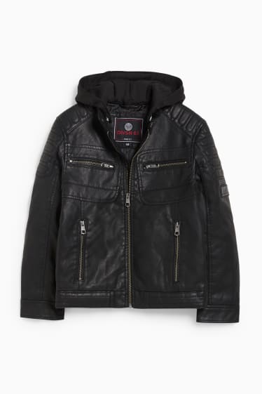 Kinder Jungen - Bikerjacke mit Kapuze - Lederimitat - schwarz