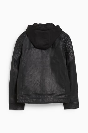 Kinder Jungen - Bikerjacke mit Kapuze - Lederimitat - schwarz